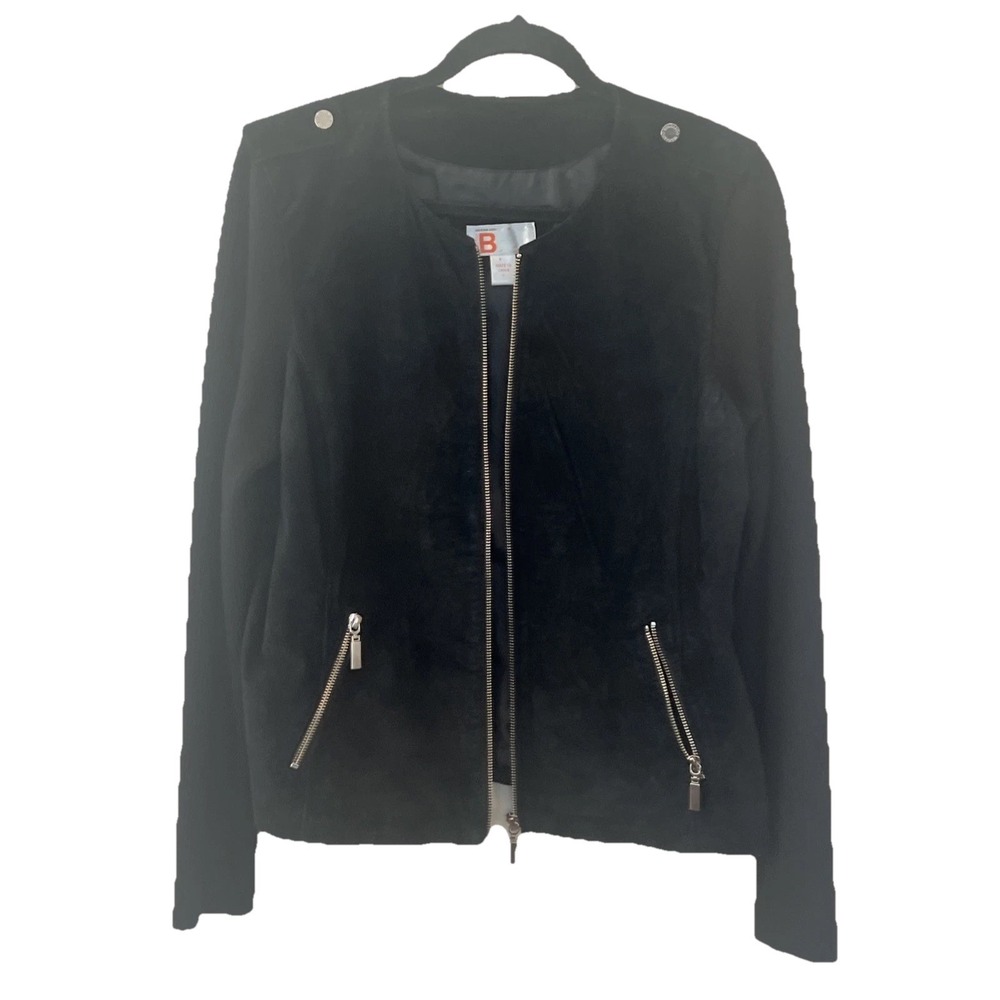 Bernardo Collection Moto Jacket Women‎ L Genuine Leather Black Zip Ribbed Sleeve
